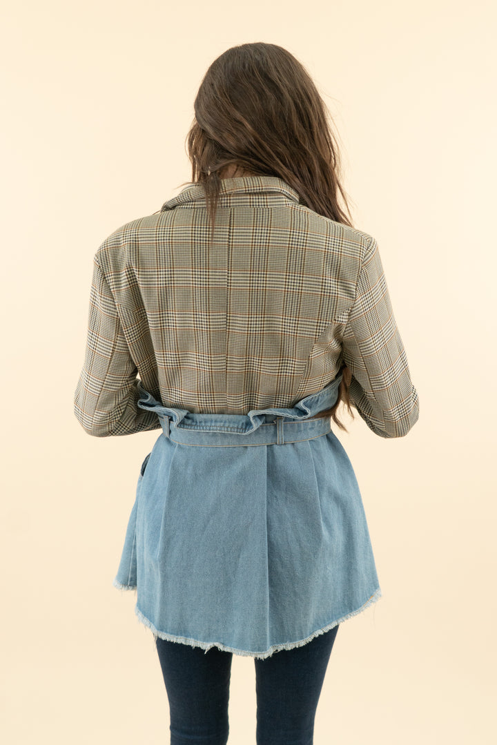 dream architect plaid/denim long sleeve mini dress (s; retail $150)
