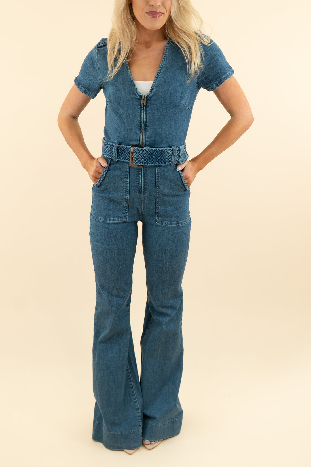 AUCTION show me your mumu medium wash short sleeve braided denim jumpsuit(m)*