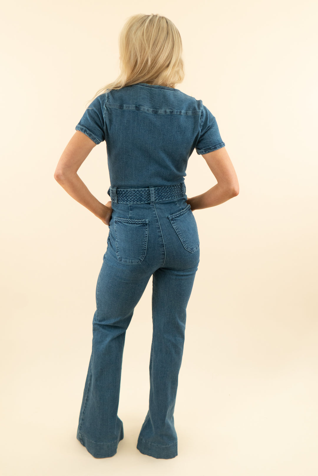 AUCTION show me your mumu medium wash short sleeve braided denim jumpsuit(m)*
