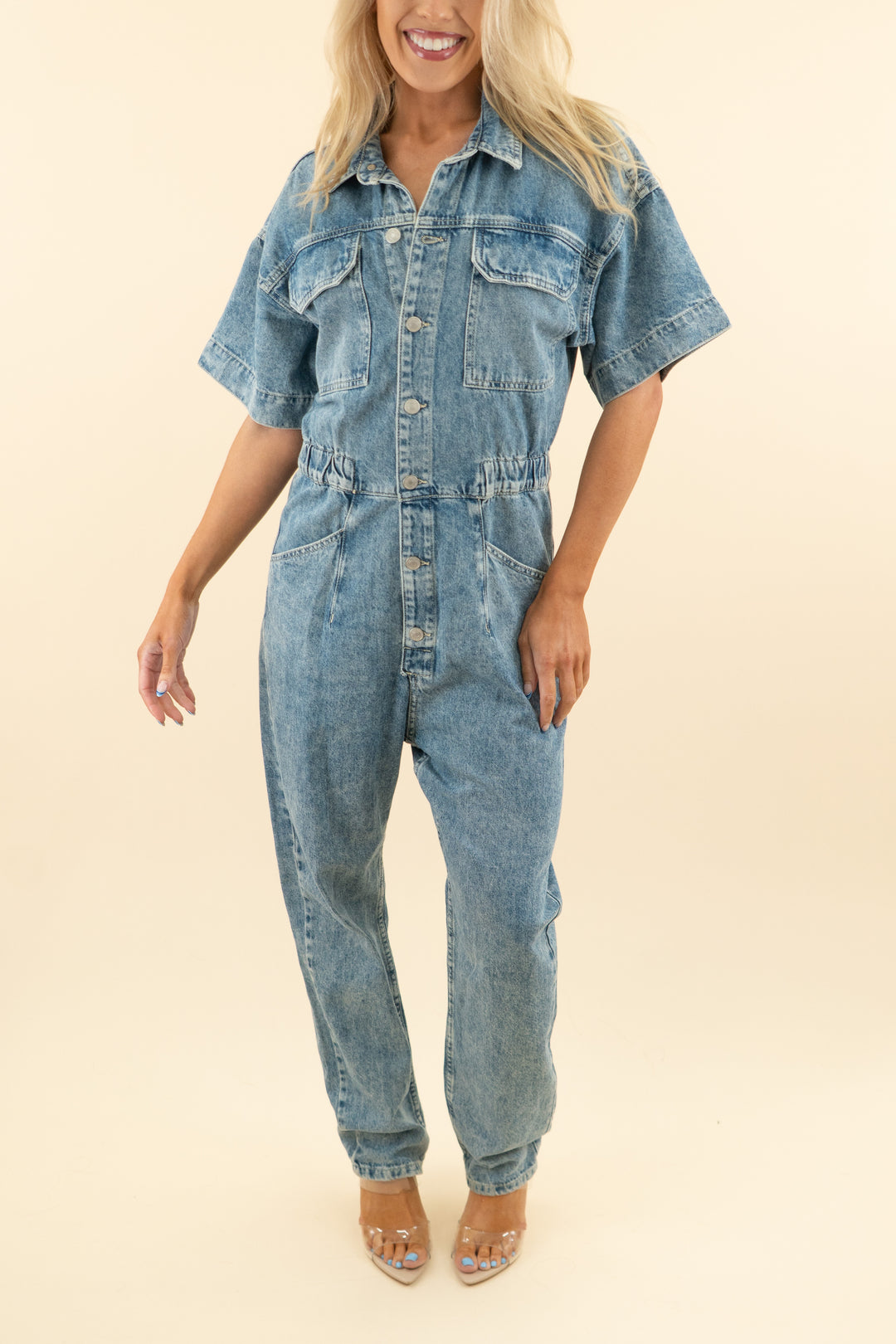 we the free medium wash short sleeve denim jumpsuit (m; retail $168)
