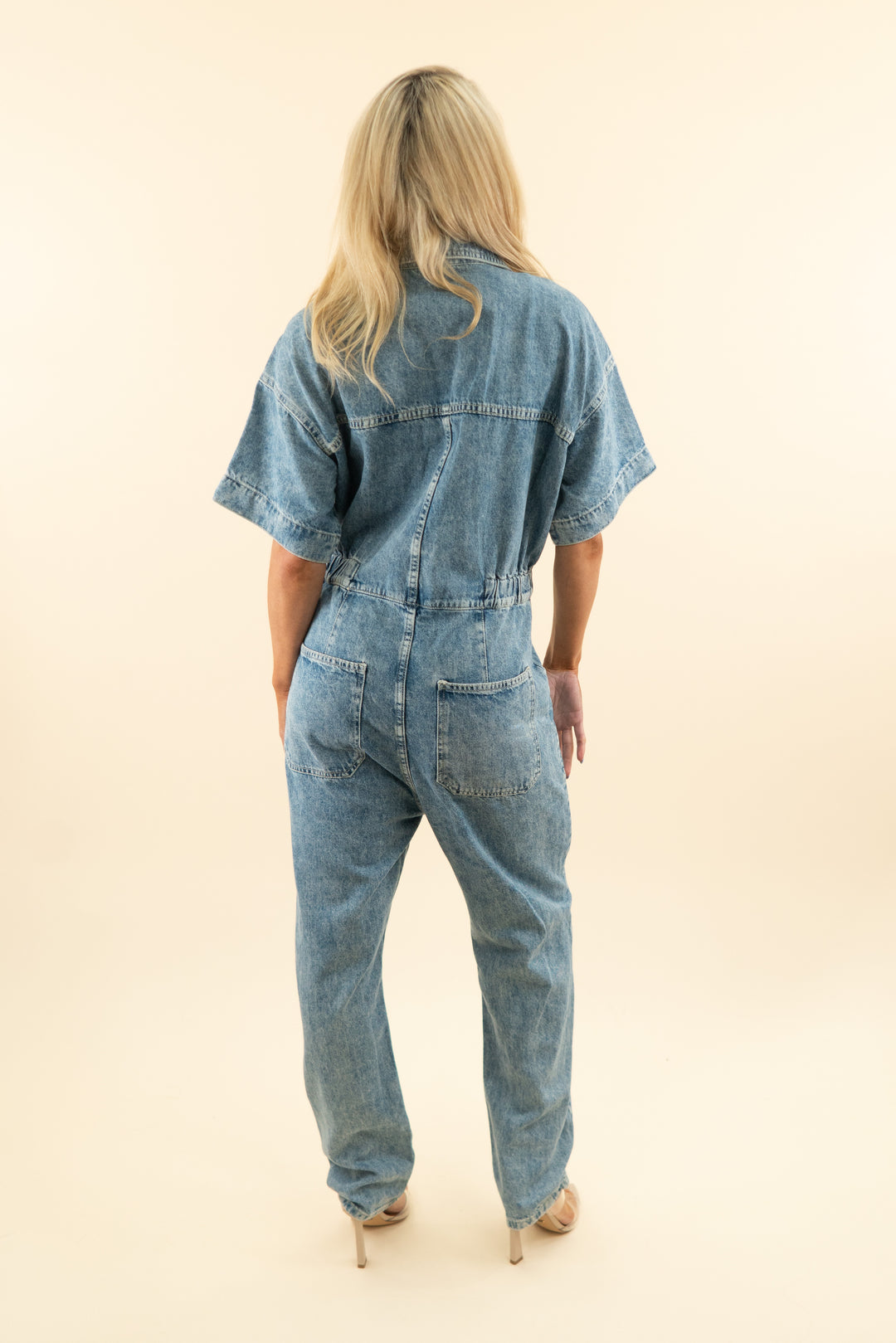 we the free medium wash short sleeve denim jumpsuit (m; retail $168)