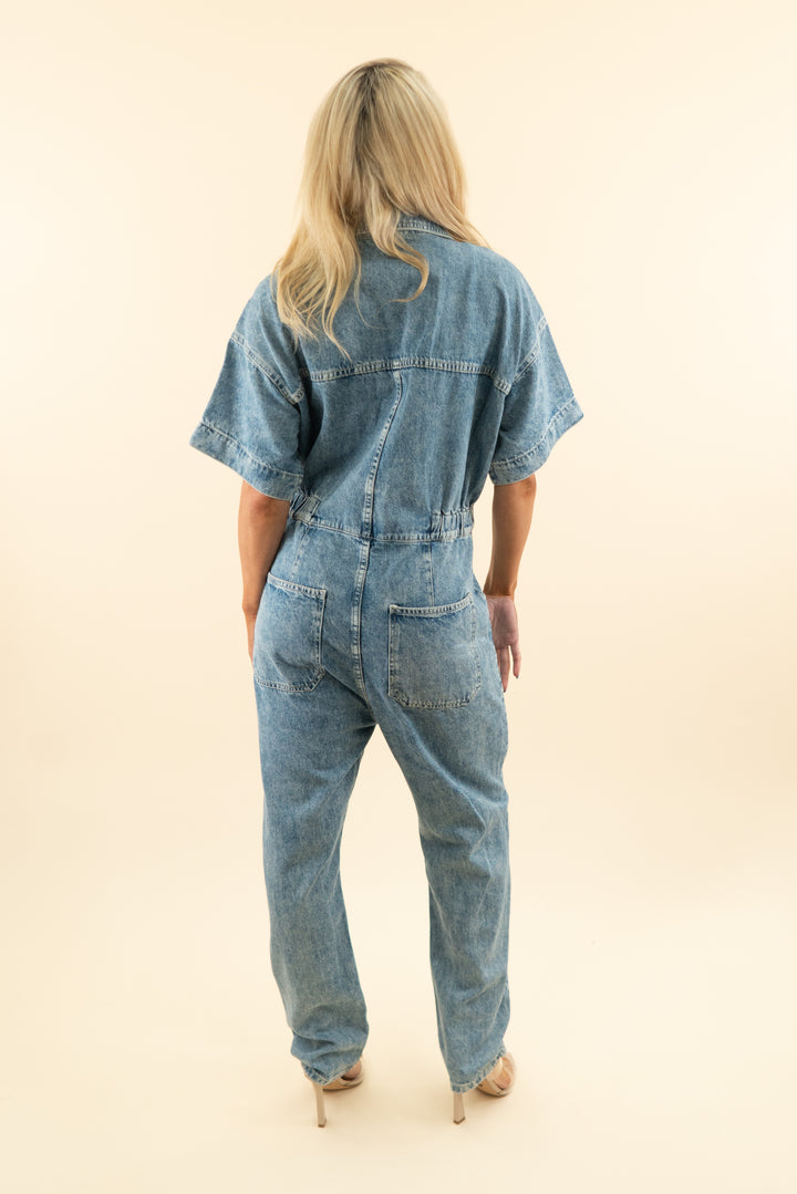 we the free medium wash short sleeve denim jumpsuit (m; retail $168)