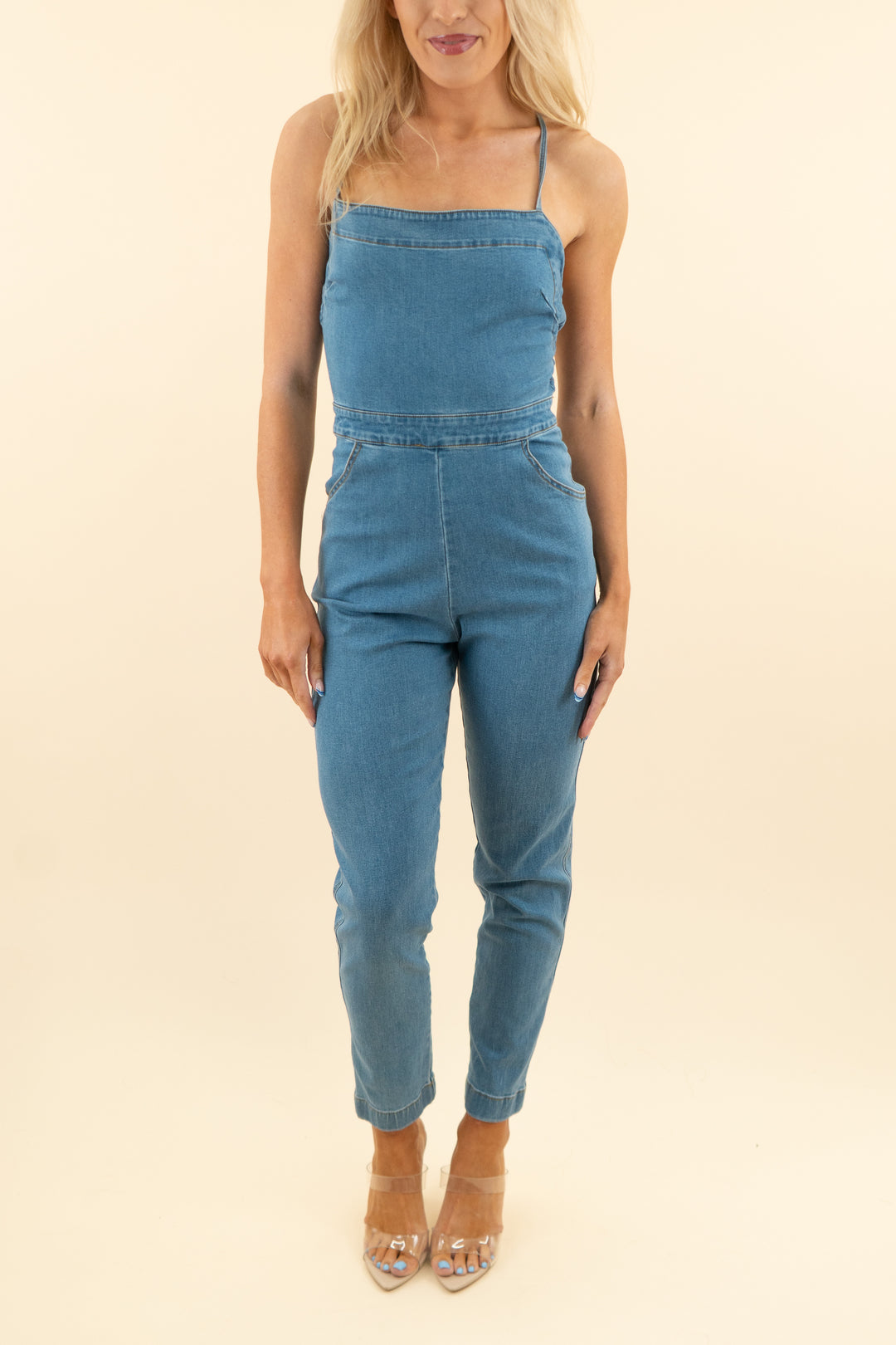 lovers and friends medium wash strappy overalls (s)