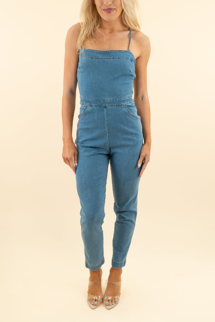 lovers and friends medium wash strappy overalls (s)
