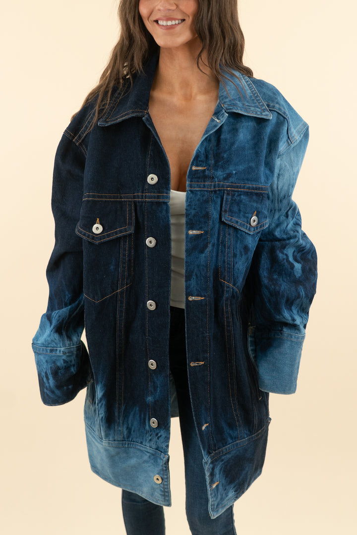 matthew adams dolan dark wash blue flames oversized long denim jacket (s/m; retail $1500)
