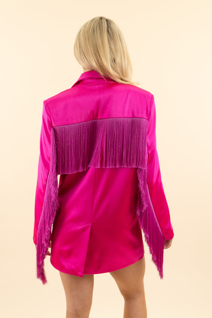 AUCTION nasty gal hot pink satin fringe blazer shorts set (2)