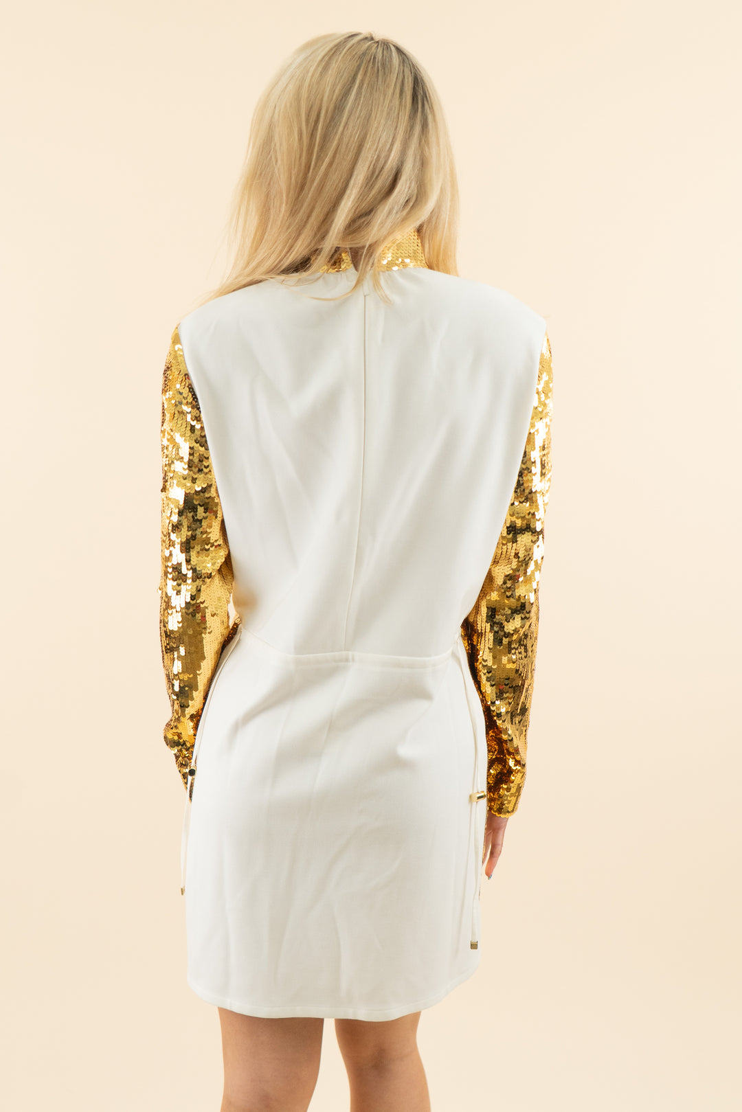 AUCTION gold sequin and white long sleeve drawstring mini dress (s)