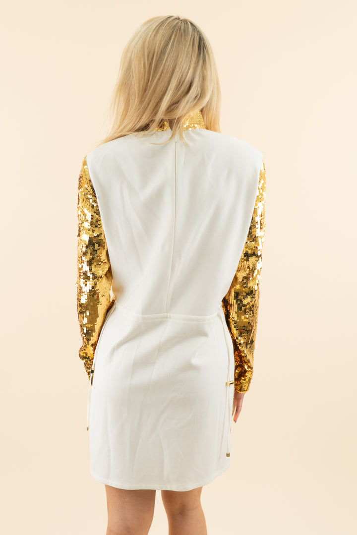 AUCTION gold sequin and white long sleeve drawstring mini dress (s)
