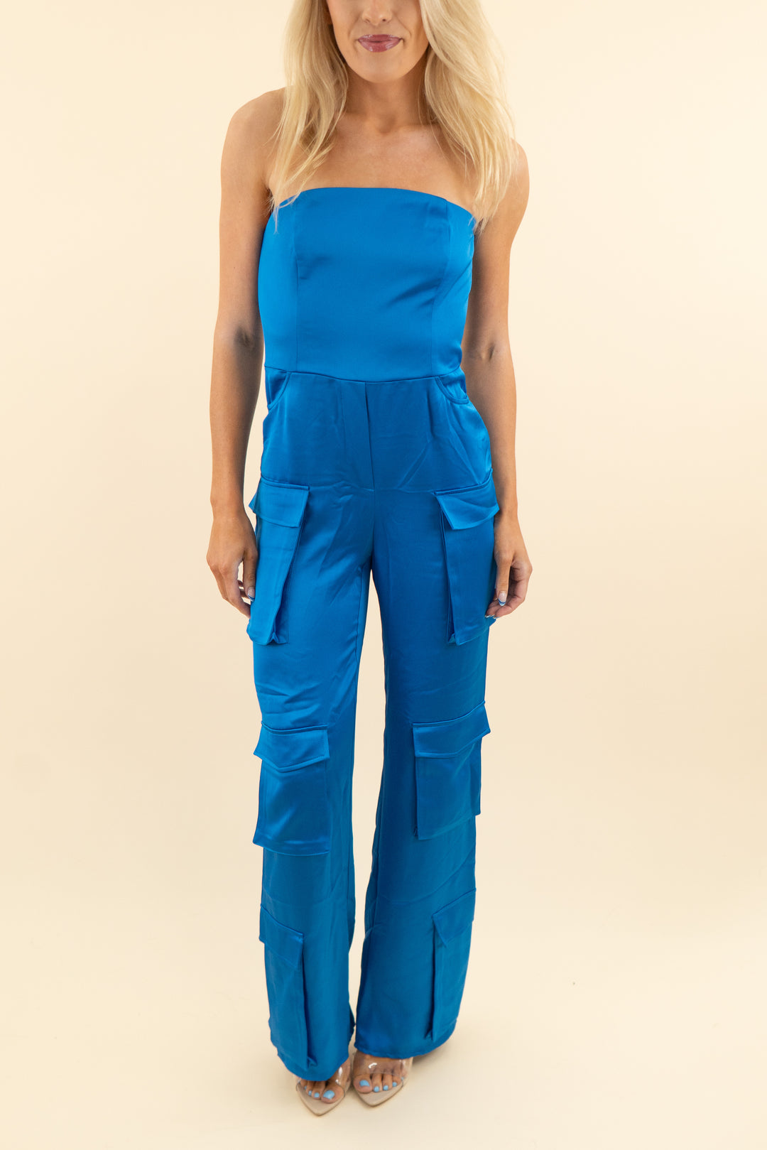 selmacilek blue satin cargo strapless jumpsuit (s; retail $485)