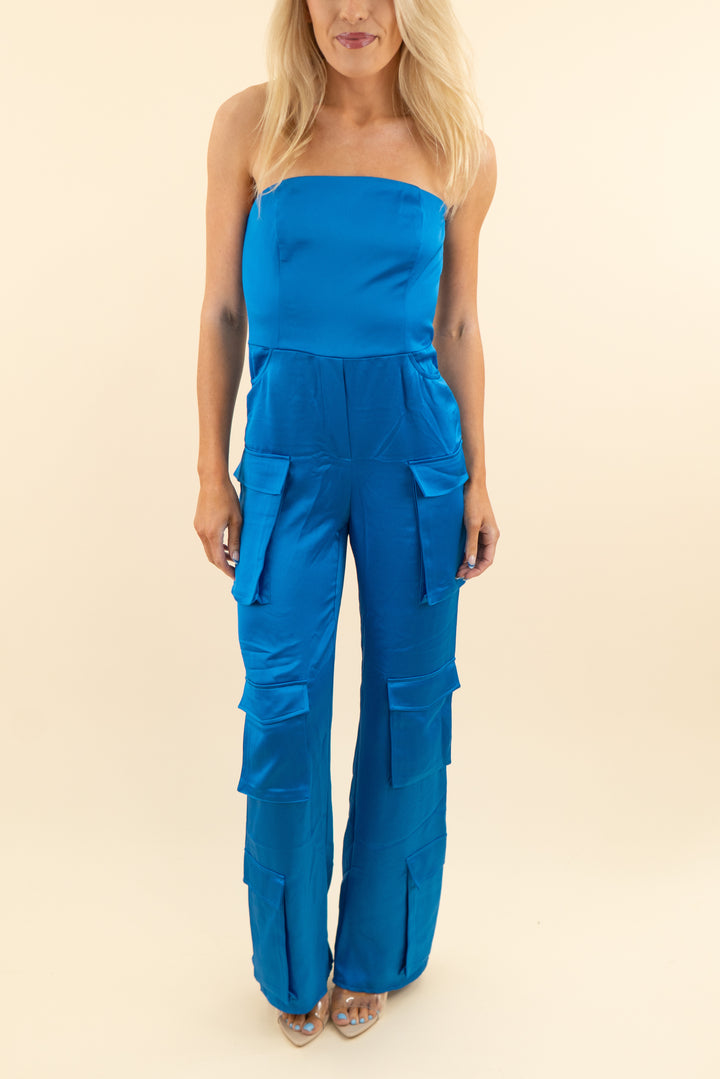 selmacilek blue satin cargo strapless jumpsuit (s; retail $485)