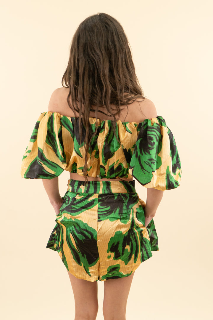 yaura gold green shimmer puff sleeve top and shorts set nwt (4; retail $240)