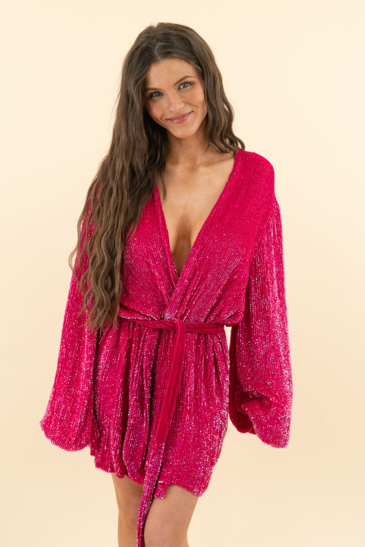 AUCTION retrofete deep pink sequin long sleeve wrap mini dress (s)
