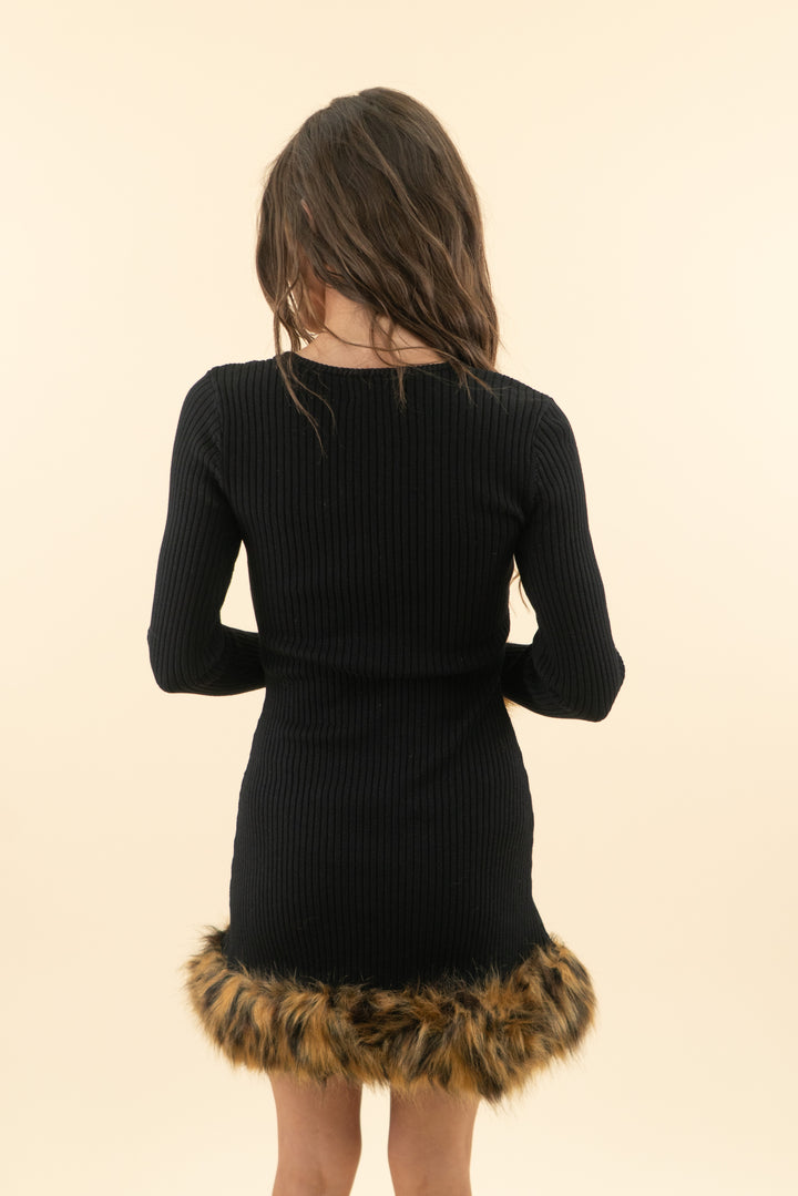 AUCTION show me your mumu black ribbed long sleeve fur mini dress (s)