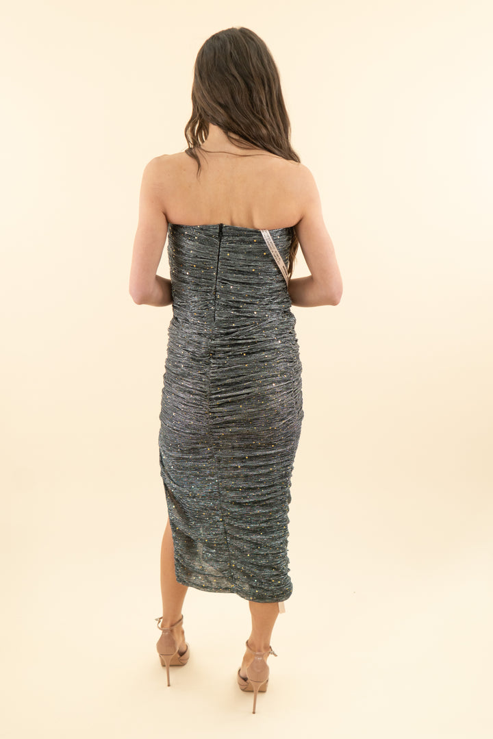 house of cb silver gold sparkles ruched strapless midi dress nwt (s; retail $355)