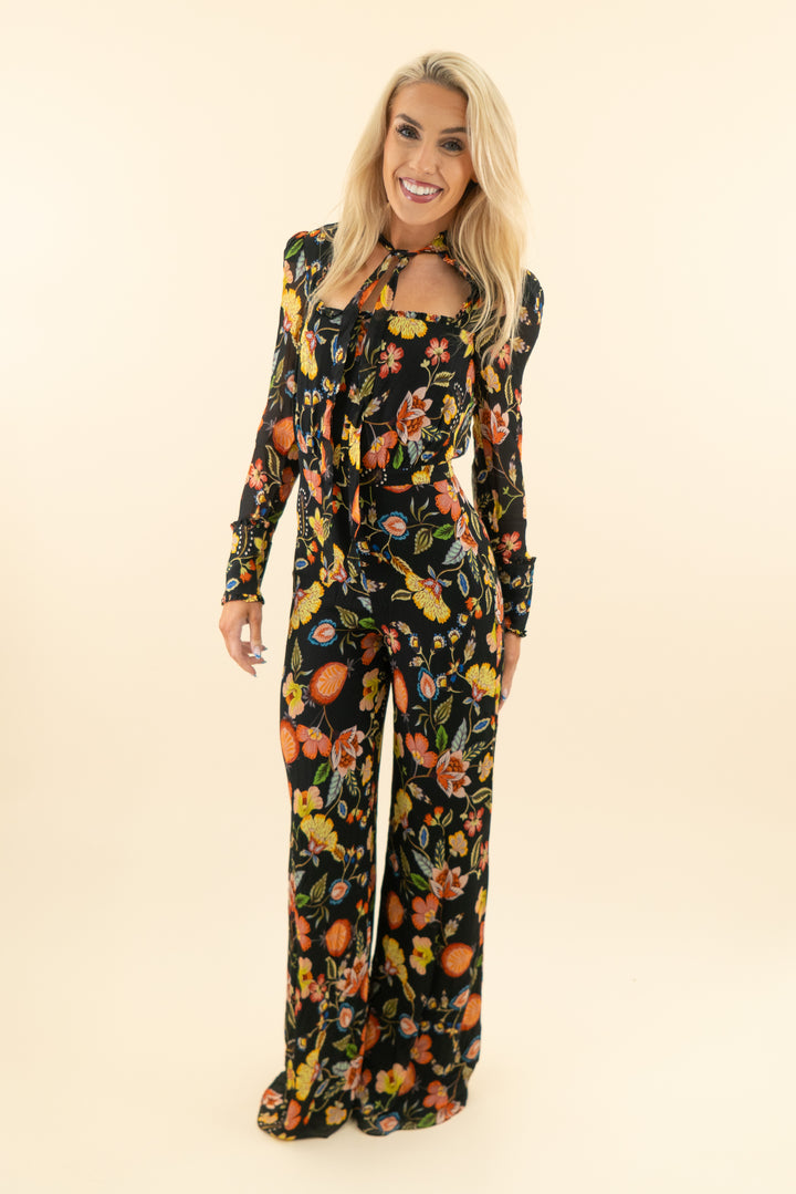 AUCTION alexis black colorful floral tulle long sleeve jumpsuit (xs)
