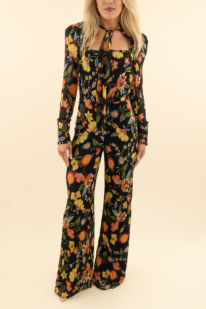 AUCTION alexis black colorful floral tulle long sleeve jumpsuit (xs)
