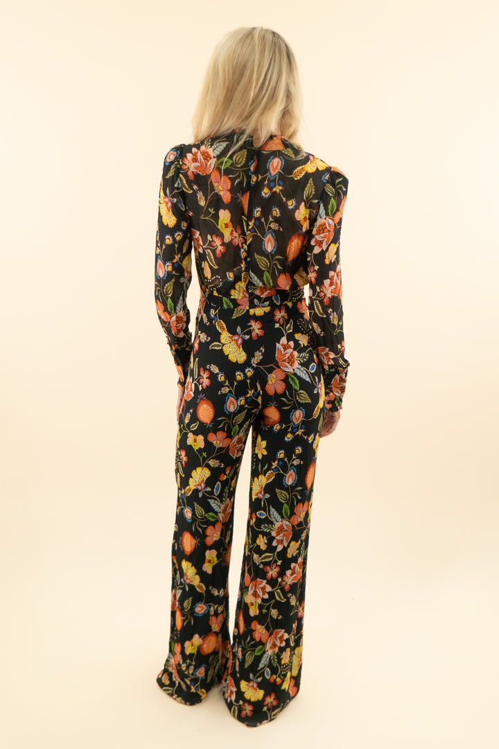 AUCTION alexis black colorful floral tulle long sleeve jumpsuit (xs)