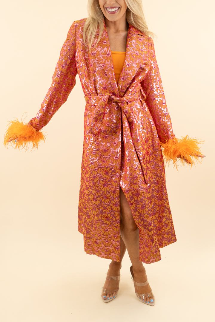 AUCTION andreeva pink/orange patterned feather coat and mini dress (4)