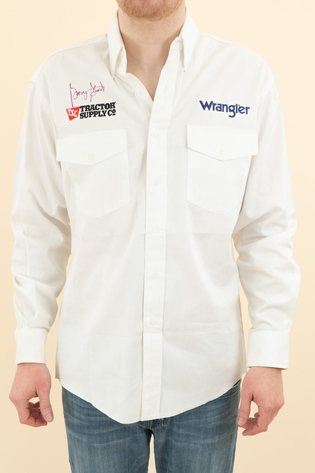 AUCTION wrangler george strait autographed tractor supply button up (15.5x34)- JASON