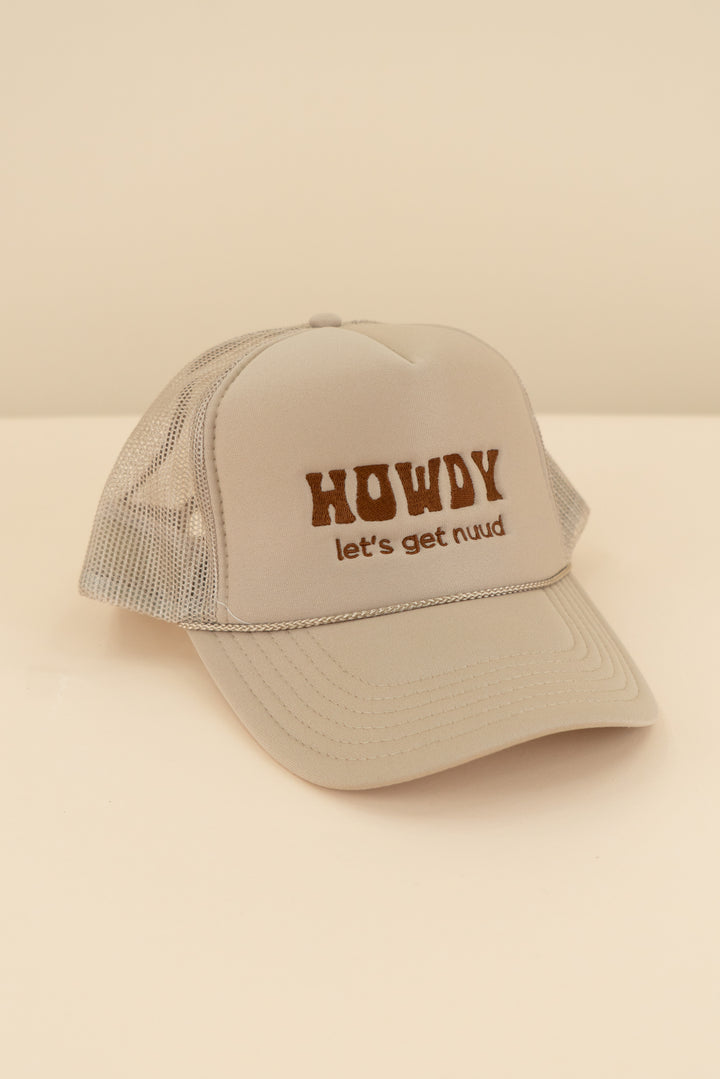 tan "howdy let's get nuud" trucker hat (os; retail $40)