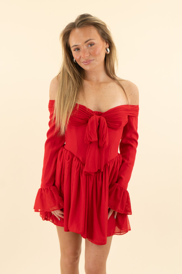 AUCTION house of cb red tulle long sleeve bow mini dress (s)