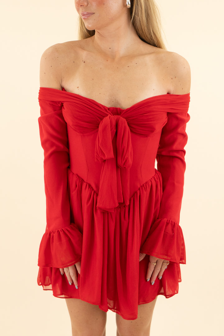 AUCTION house of cb red tulle long sleeve bow mini dress (s)