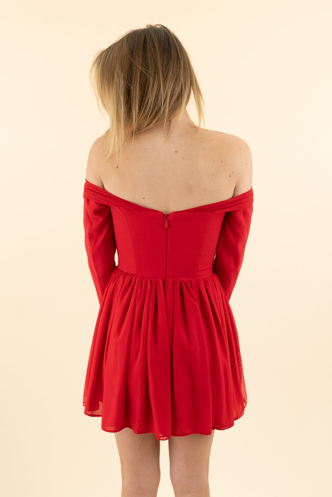 AUCTION house of cb red tulle long sleeve bow mini dress (s)