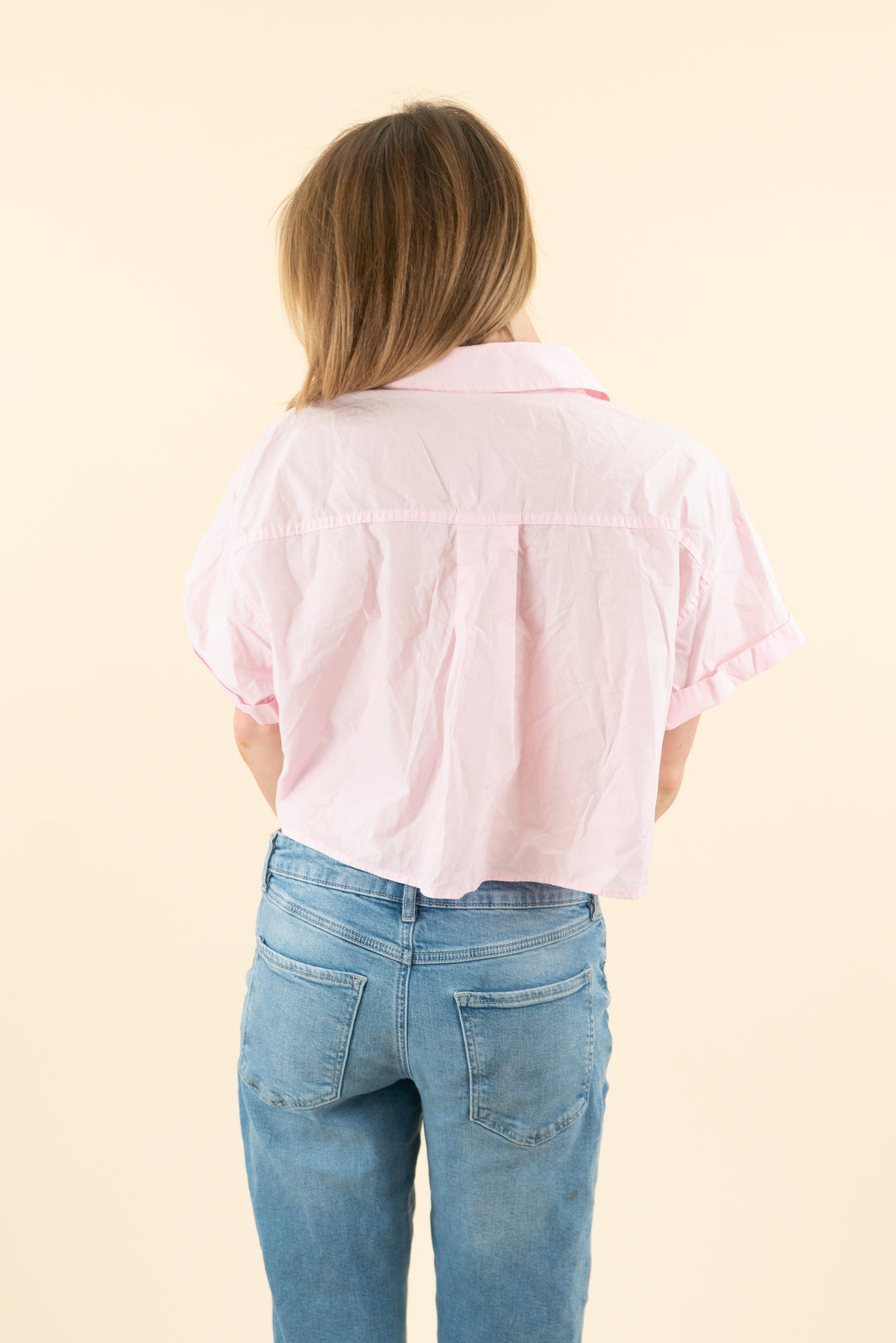AUCTION zara pink linen cropped collared shirt (m)