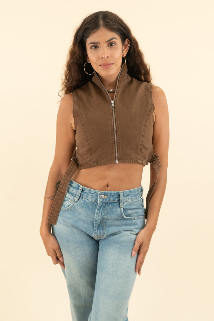 AUCTION naked wardrobe brown sleeveless zip up top with buckle sides (s)