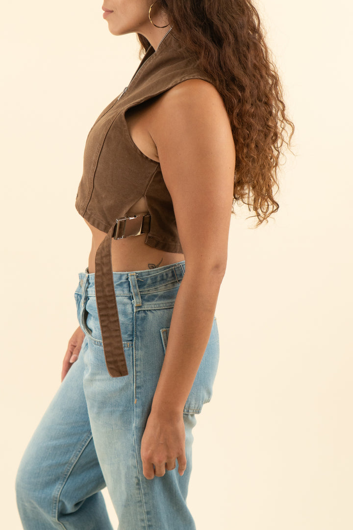 AUCTION naked wardrobe brown sleeveless zip up top with buckle sides (s)
