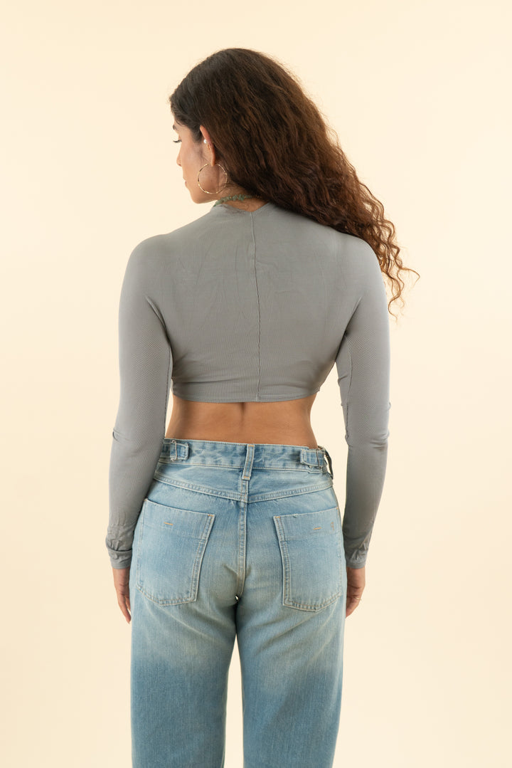 atlein grey ribbed long sleeve v neck ruched crop top nwt (36; retail $535)