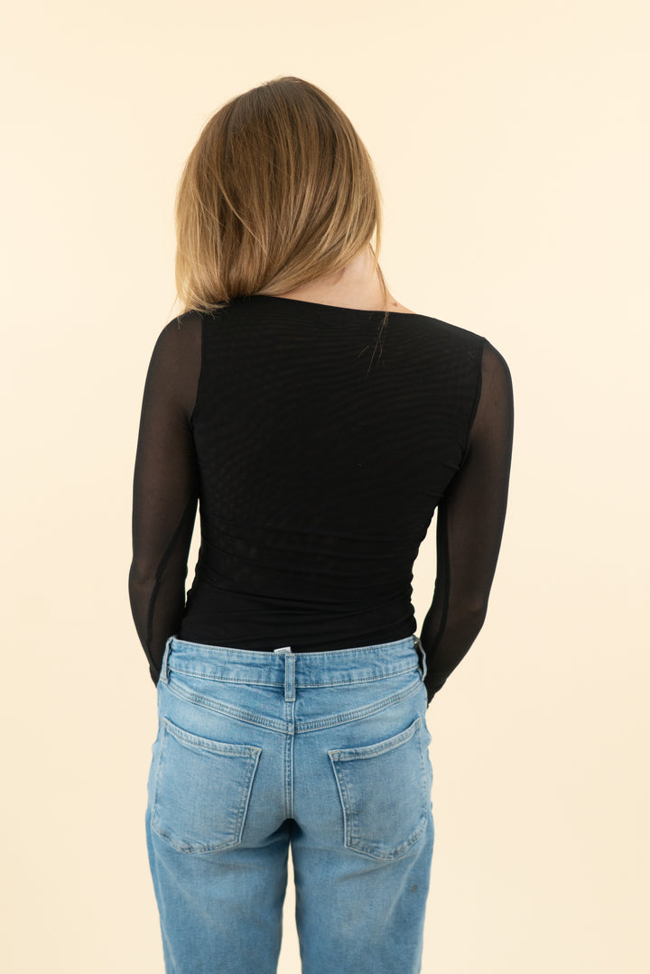 naked wardrobe black mesh long sleeve square neck top (s)