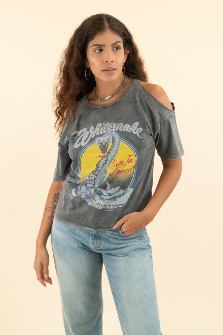 topshop charcoal grey cold shoulder whitesnake graphic tee (2; retail $45)