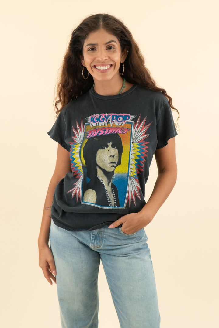 AUCTION made worn charcoal grey iggy pop sparkle graphic tee (s)