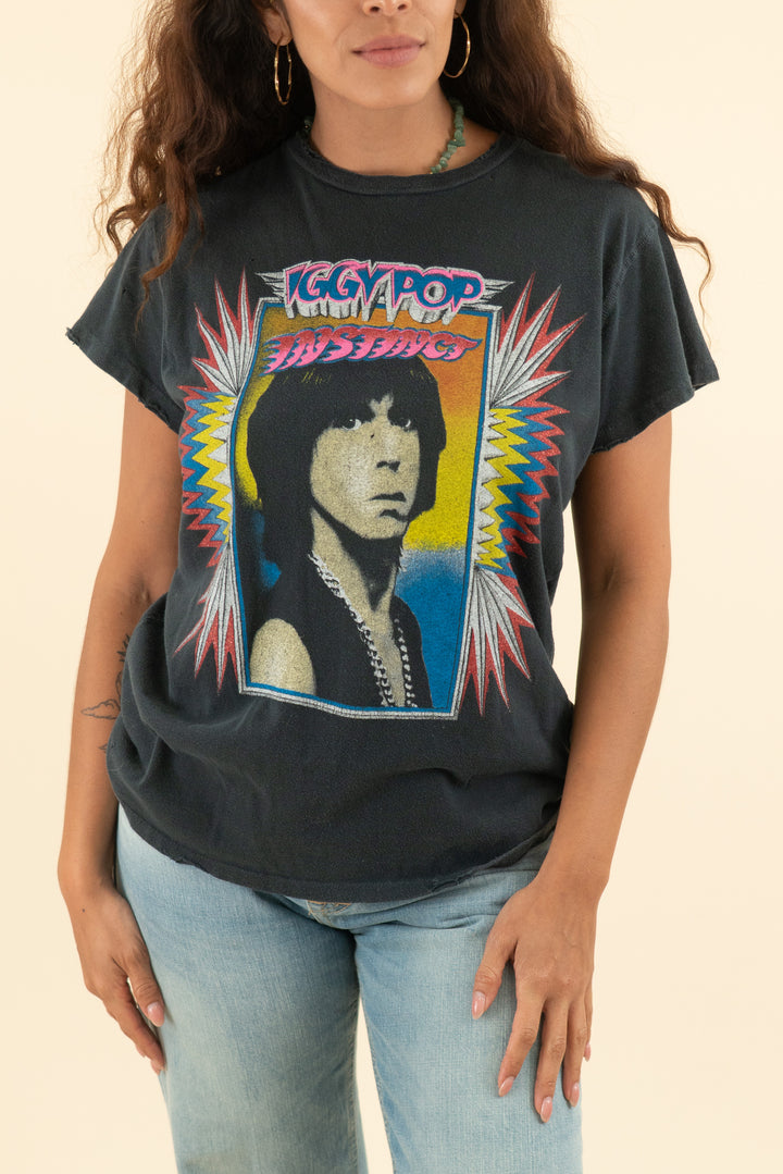 AUCTION made worn charcoal grey iggy pop sparkle graphic tee (s)