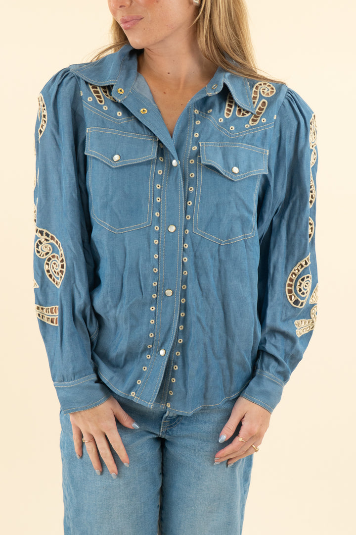 carolina k chambray button down top with cutout embroidered shoulders (s; retail $360)