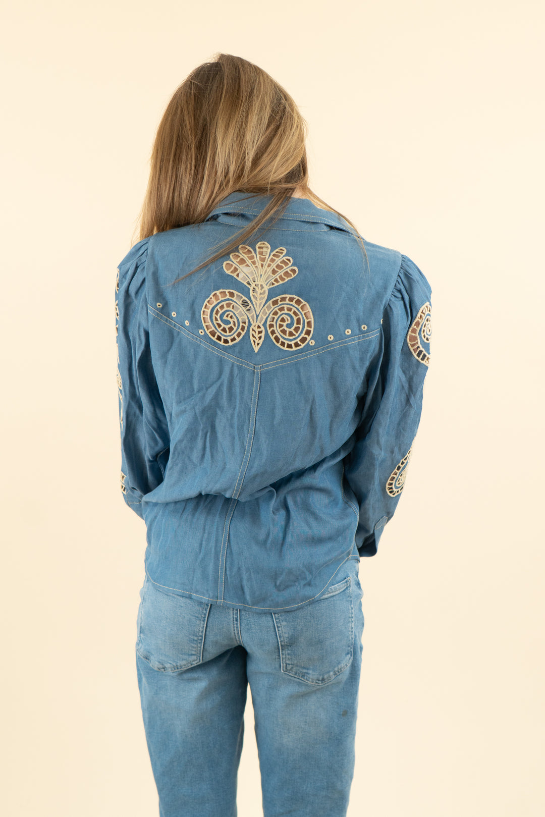 carolina k chambray button down top with cutout embroidered shoulders (s; retail $360)