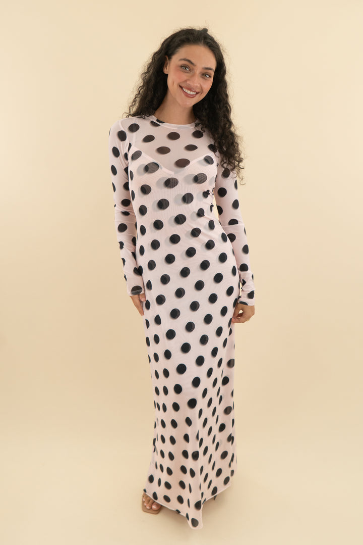 afrm black and light pink mesh long sleeve maxi dress nwt (s)