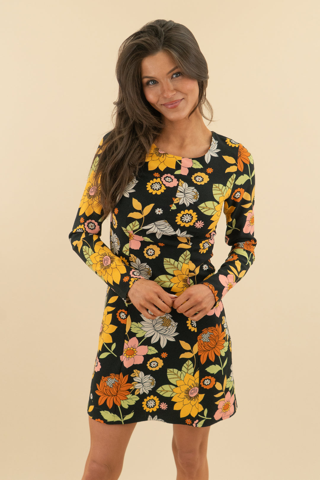 asos black/multi floral long sleeve mini dress (0)