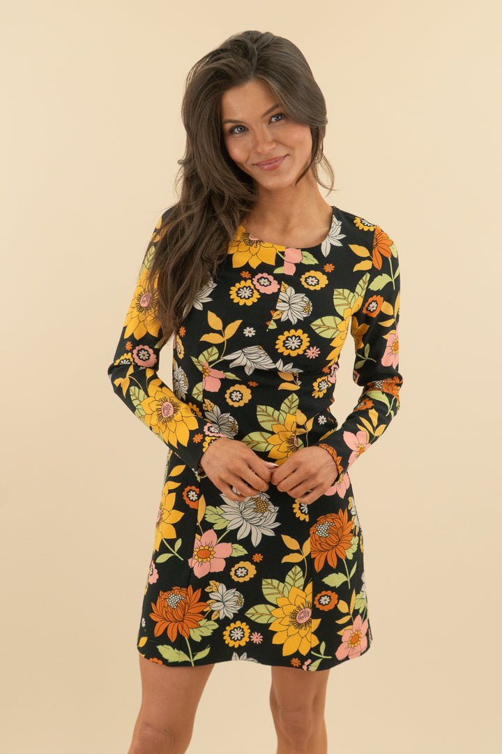 asos black/multi floral long sleeve mini dress (0)
