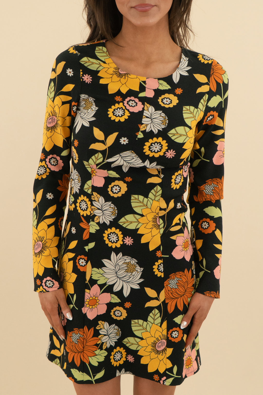 asos black/multi floral long sleeve mini dress (0)