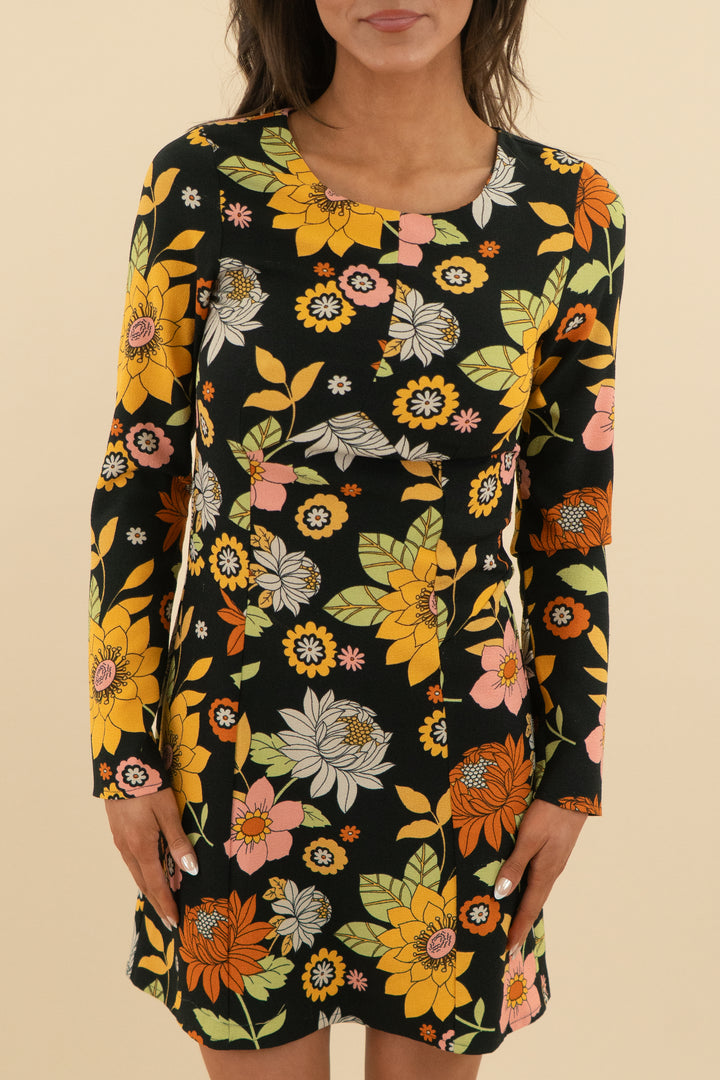 asos black/multi floral long sleeve mini dress (0)