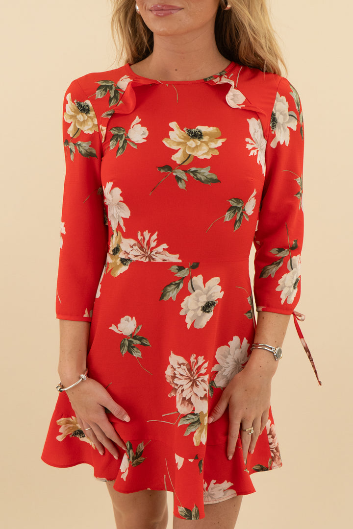 topshop red floral long sleeve mini dress (0)