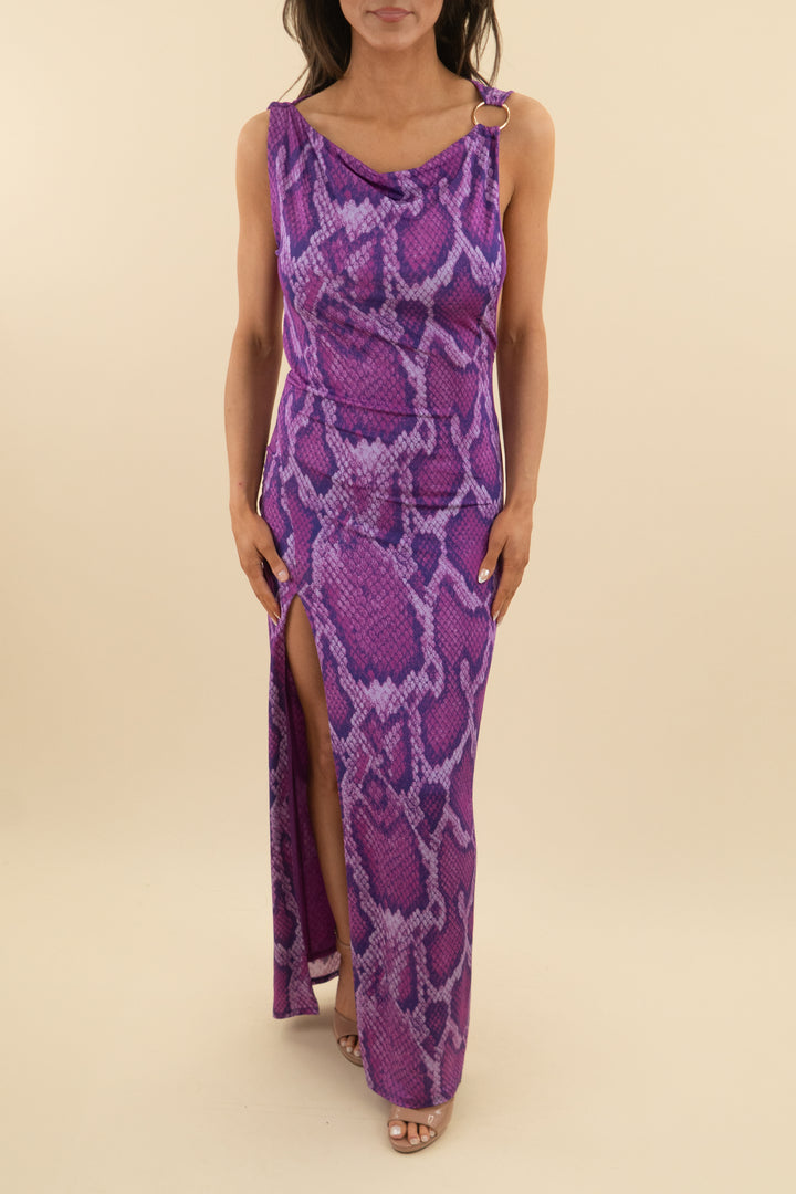 afrm purple snake print one shoulder dress (xs; retail $178)