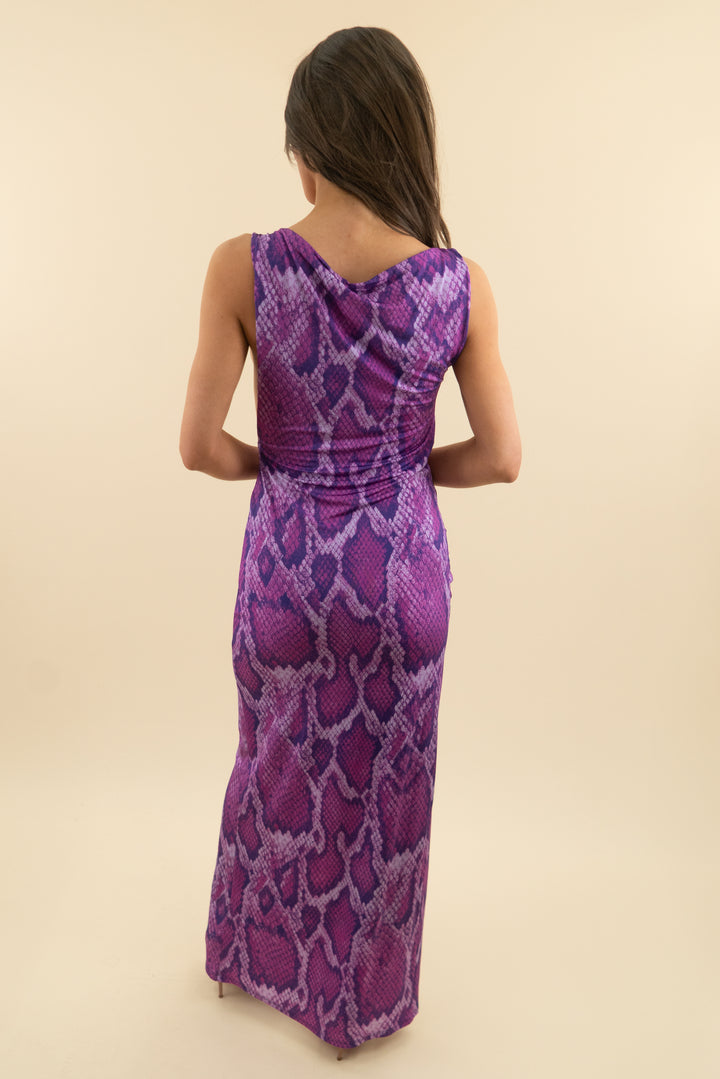 afrm purple snake print one shoulder dress (xs; retail $178)