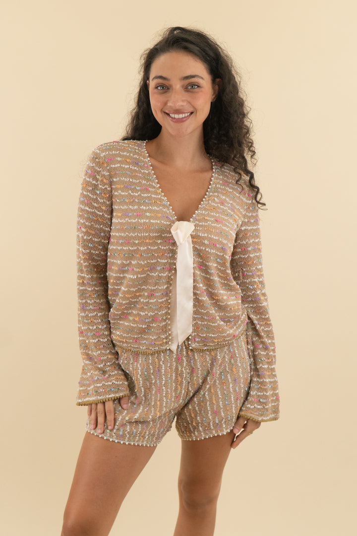 12. brown and multicolor striped cardigan and short set (s; retail $65)