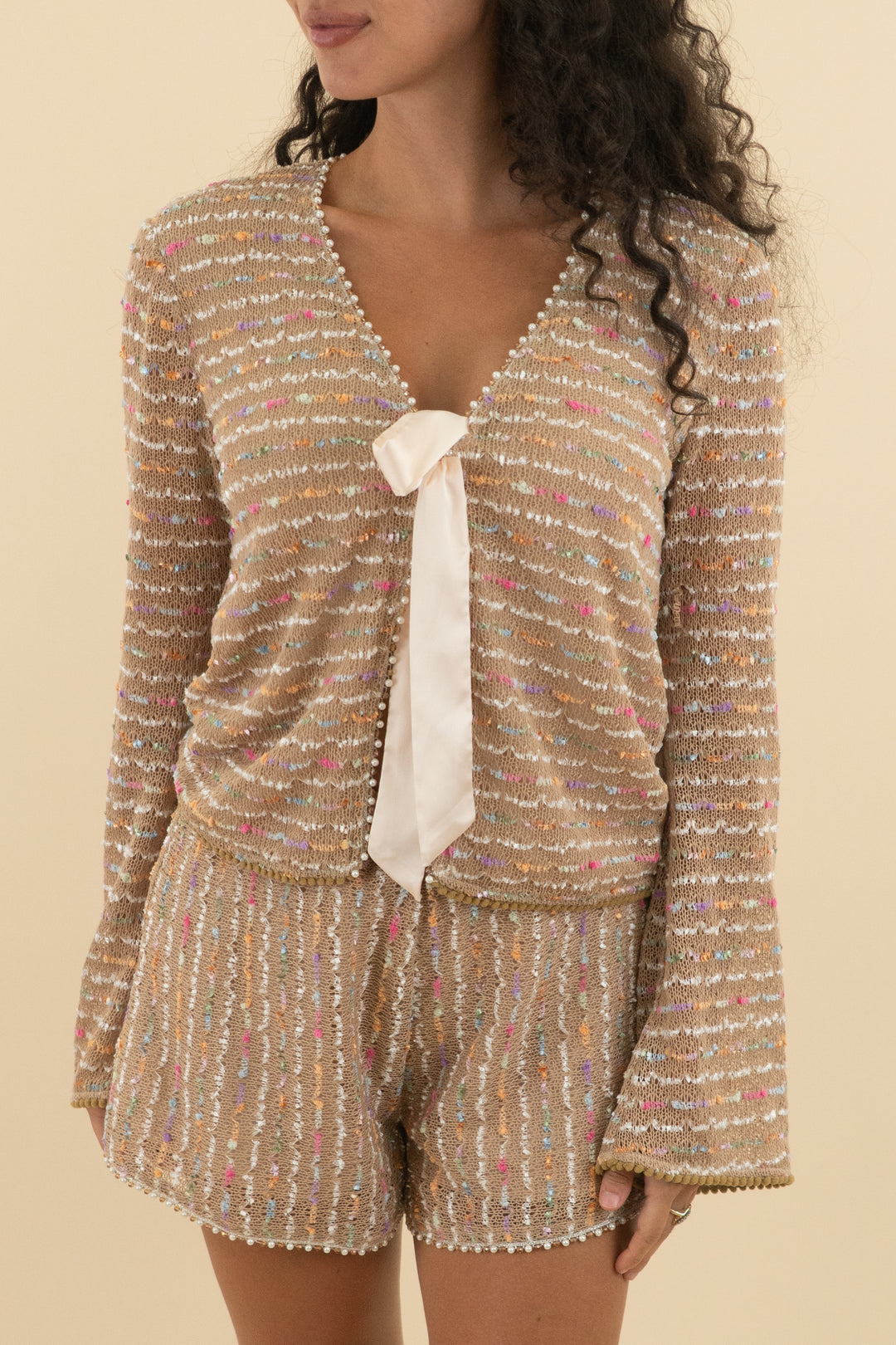 12. brown and multicolor striped cardigan and short set (s; retail $65)