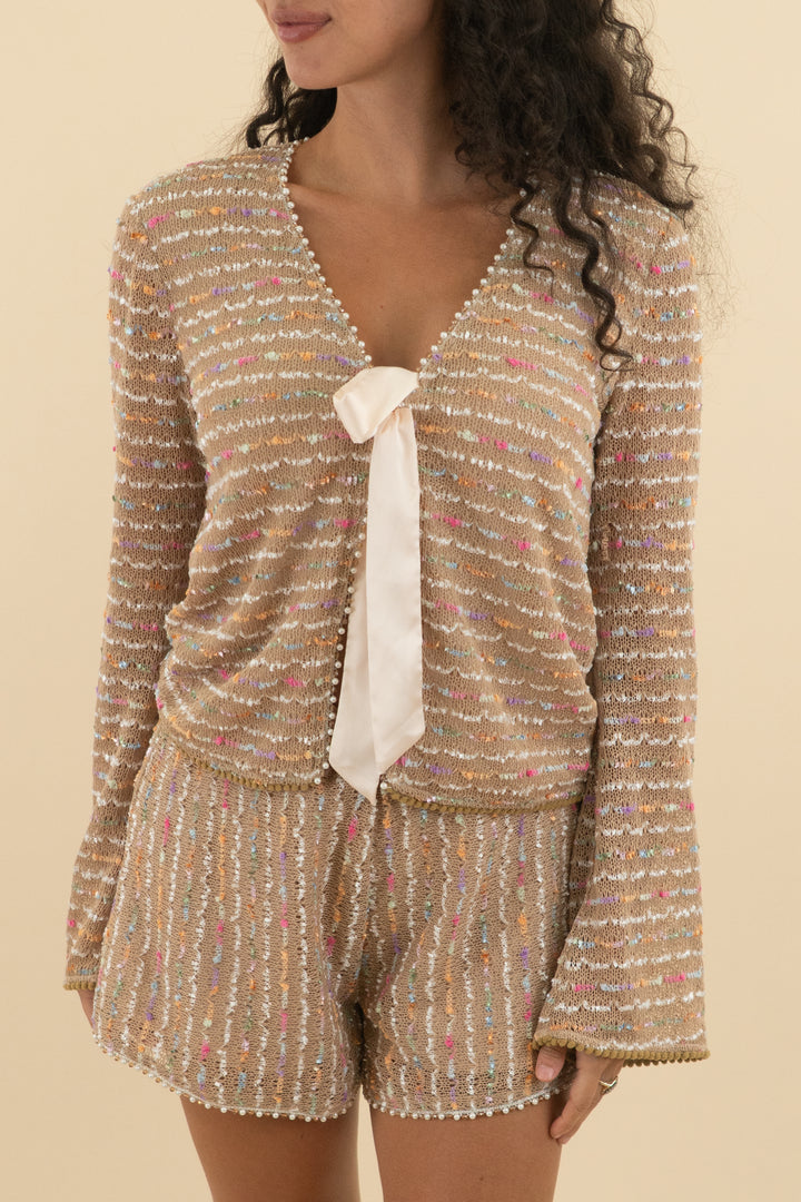 12. brown and multicolor striped cardigan and short set (s; retail $65)