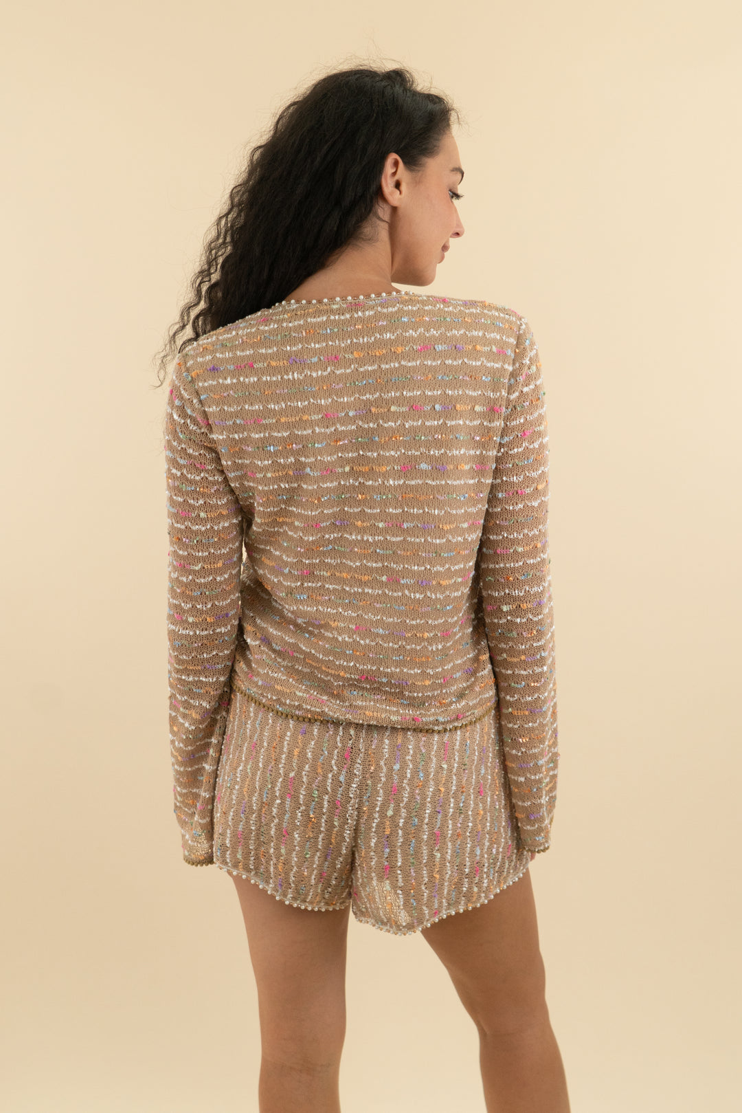 12. brown and multicolor striped cardigan and short set (s; retail $65)