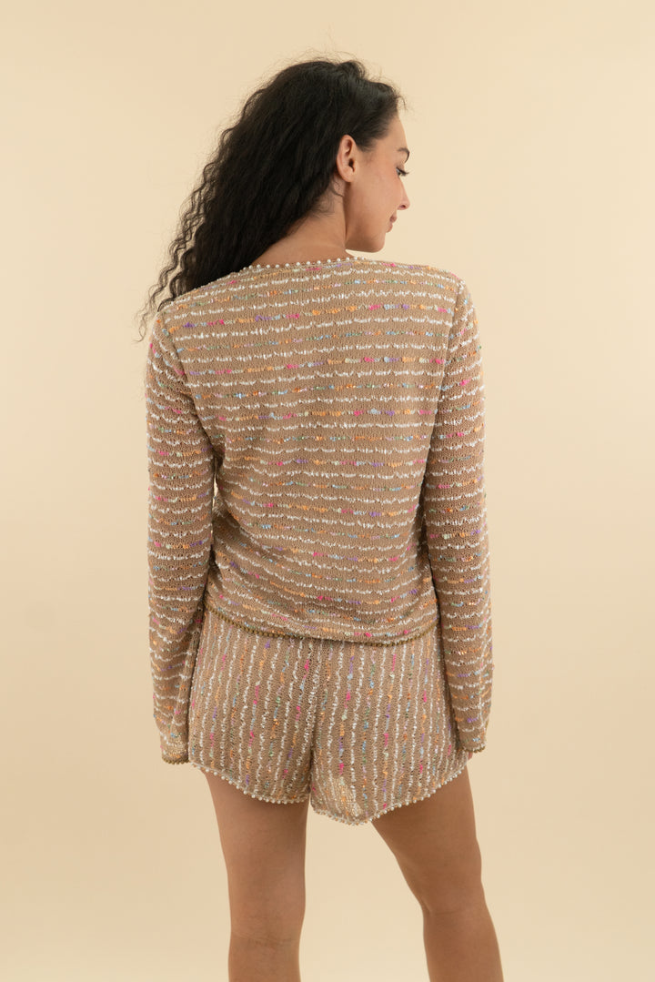 12. brown and multicolor striped cardigan and short set (s; retail $65)